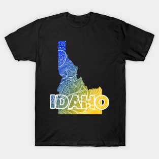 Colorful mandala art map of Idaho with text in blue and yellow T-Shirt